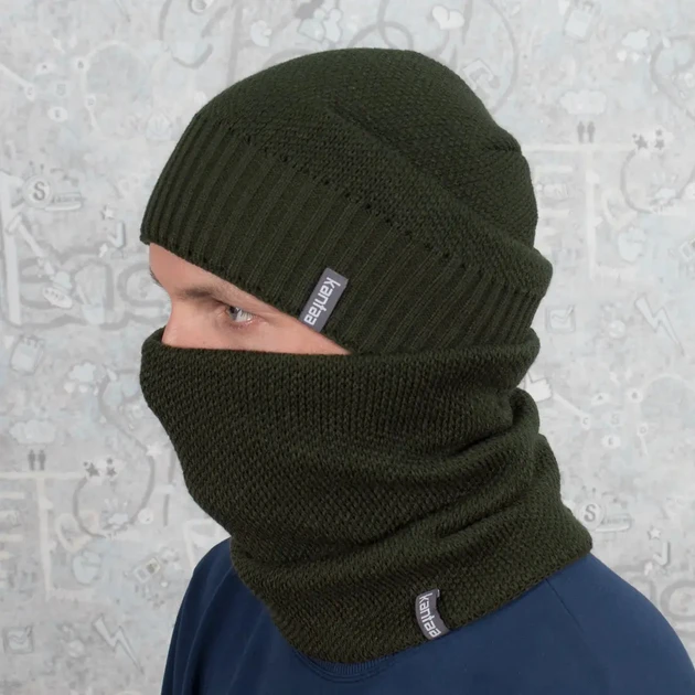 Комплект зимовий чоловічий шапка з відворотом/снуд-баф на флісі Зелений (2549773818)