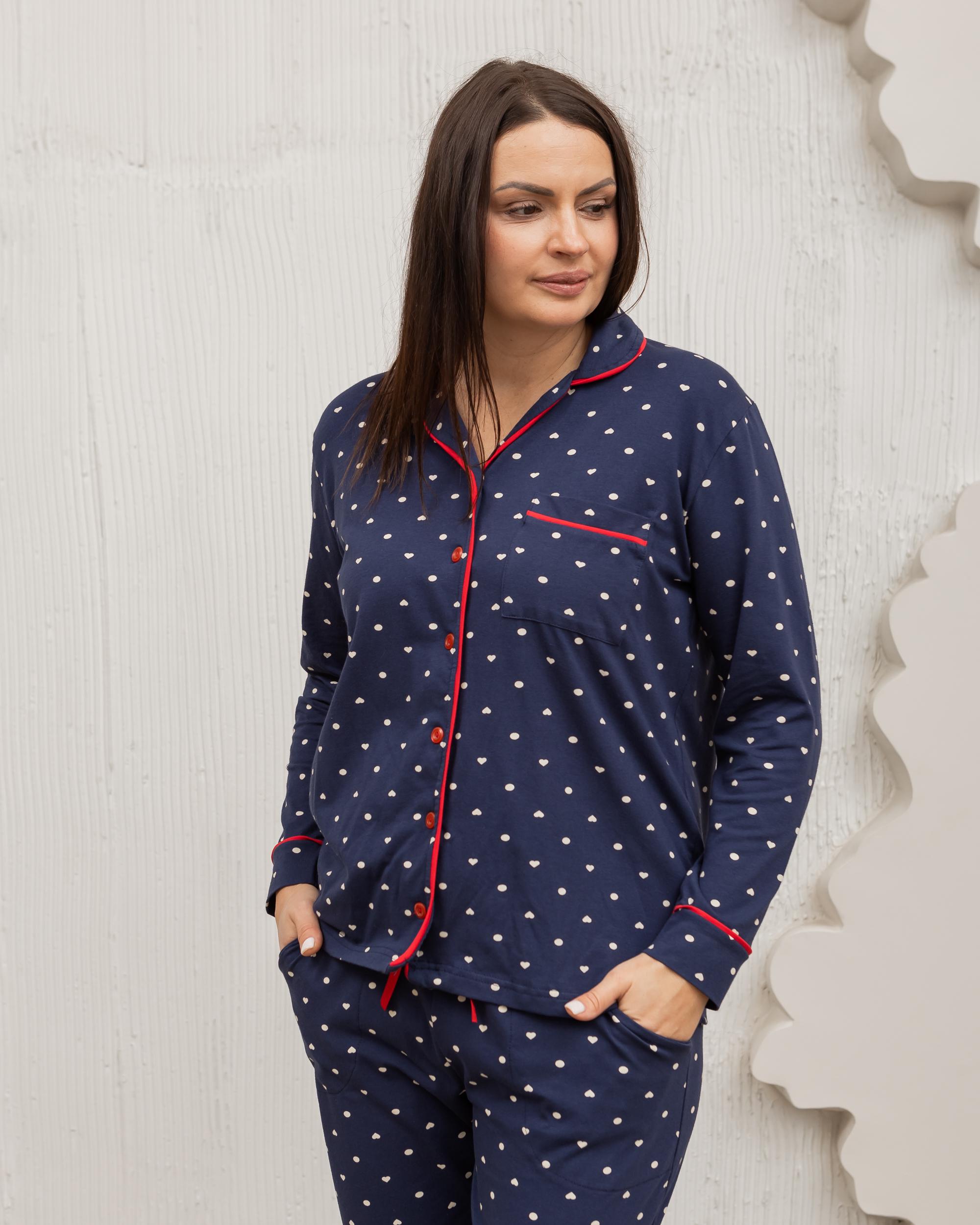 Піжама жіноча батал на гудзиках Горошок та сердечки 30076 3XL Темно-синій - фото 2 Піжама жіноча батал на гудзиках Горошок та сердечки 30076 3XL Темно-синій - фото 2