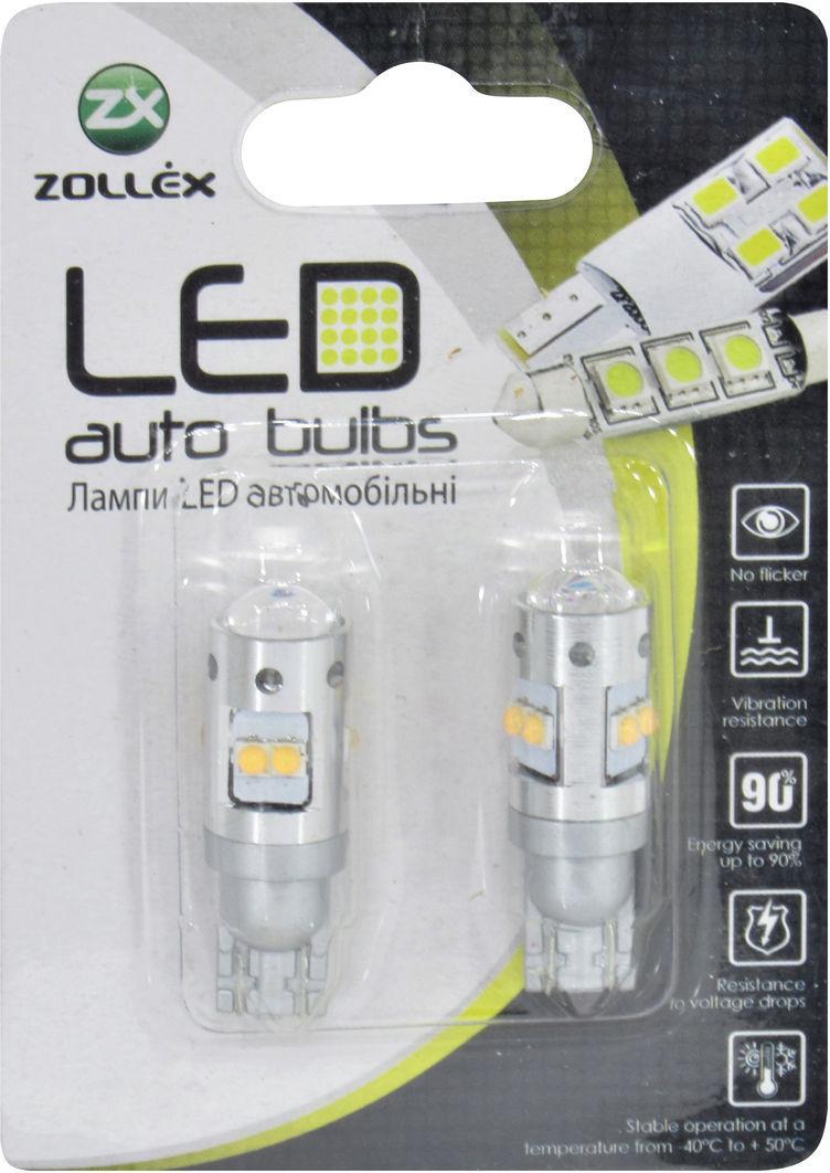 Лампочка без цоколя Zollex LED T10 W5W SMD 8 діодів 12V W2.1x9.5d 2 шт. Білий (T11156)