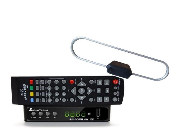 Тюнер Eurosky ES-16 с функциями медиаплеера и IPTV/WebTV/антенна комнатная с усилителем и кабелем Кобра