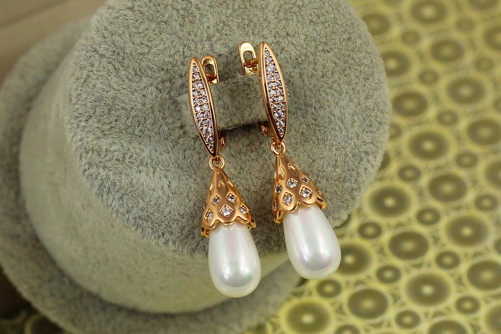 Серьги подвески Xuping Jewelry Капля любви с жемчугом 4 см Золотистый (2449468170)