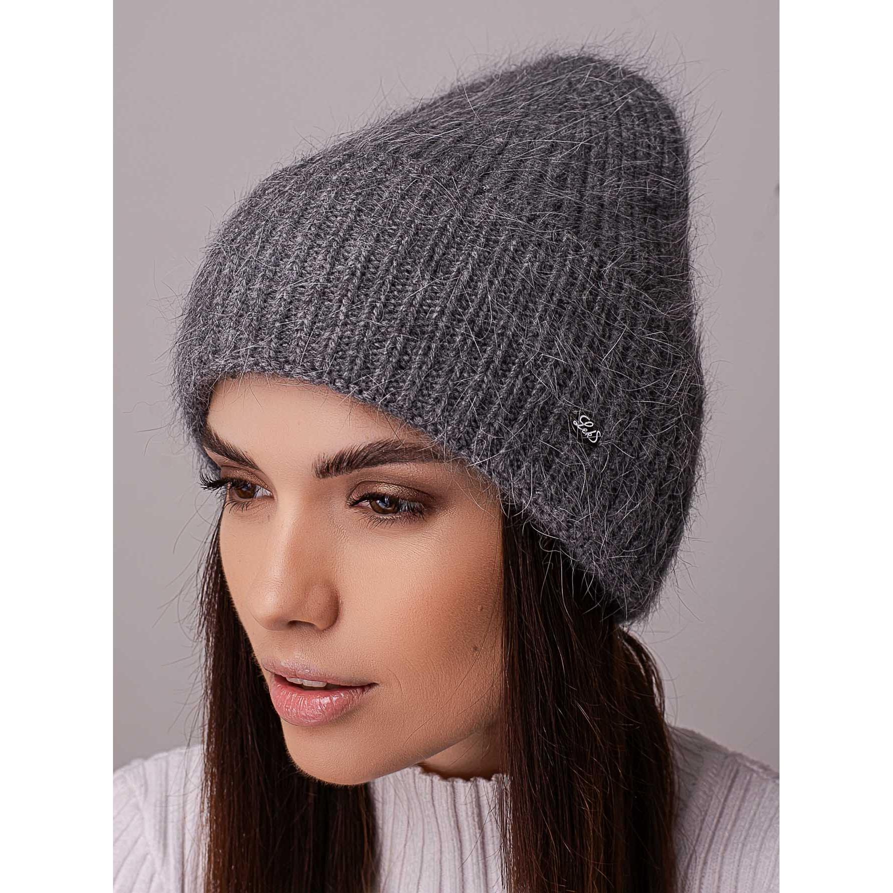 Шапка ангоровая Leks ТРЮФЕЛЬ в рубчик с отворотом утепленная флисом one size Темно-Серый (205120) - фото 1