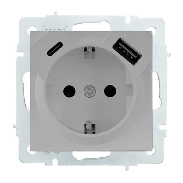 Розетка Lezard Vesna 1-я с заземлением и USB+TC без рамки Серый (14618090)