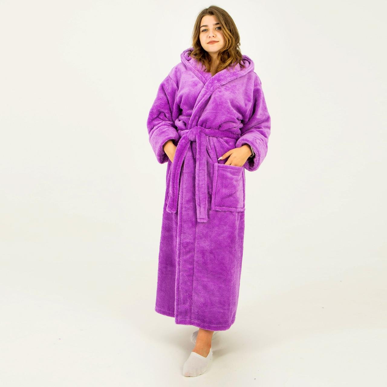Халат женский на запах с капюшоном махровый 2 кармана M Фиолетовый