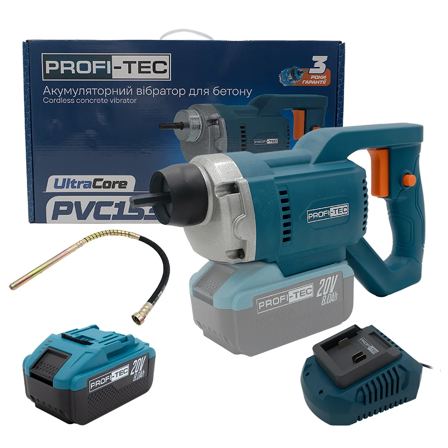 Вібратор для бетону акумуляторний PROFI-TEC PCV1535 20 В безщітковий двигун 1xPT2080EP 8 Аг ЗП QBCD20/4 Quick ток зарядку 4 Аг (008108)