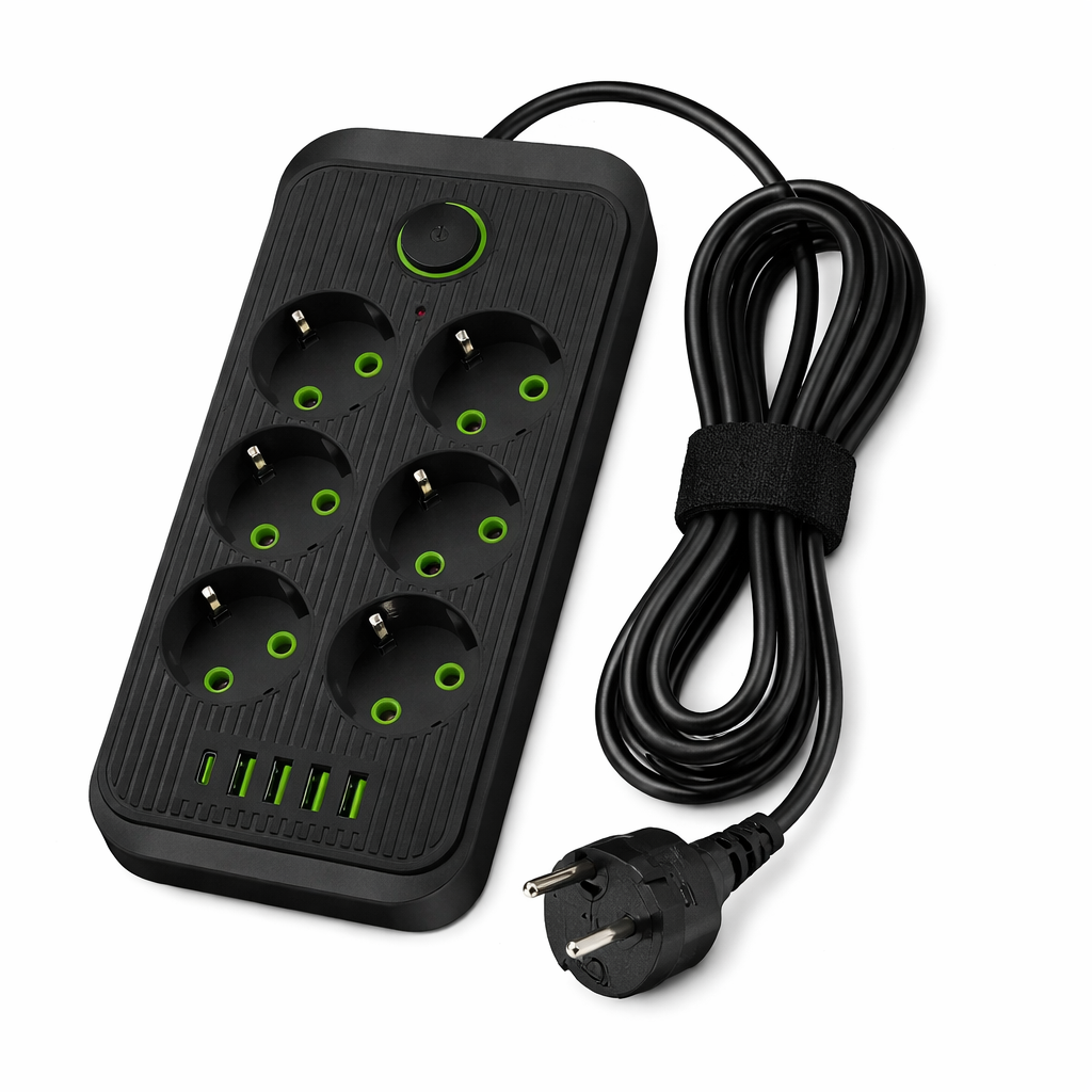 Удлинитель с предохранителем 6 розеток 4 USB 1 Type-C тройник 2500 Вт 3 м Черный (1075U/2)