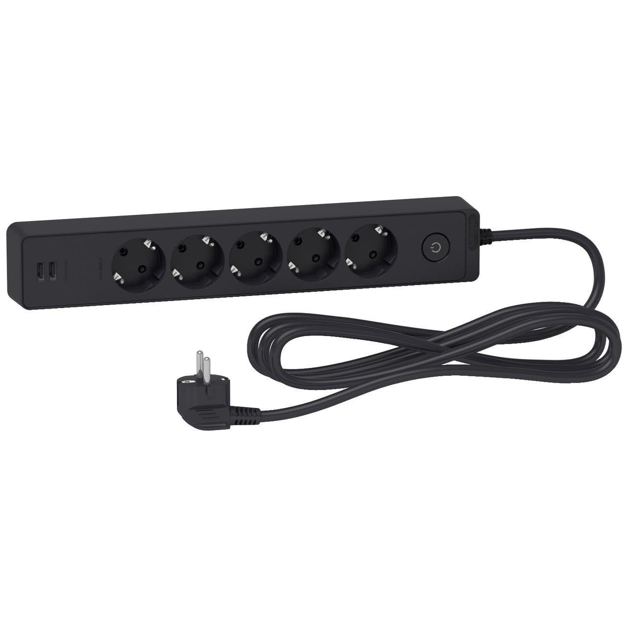Удлинитель Schneider Electric 5 розеток с заземлением и 2хUSB 3 м Черный