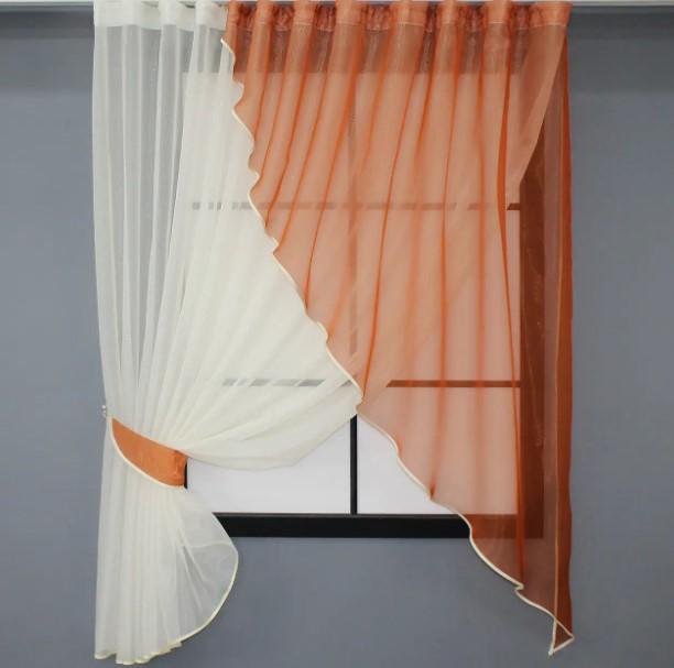 Шторки на кухню с подвязками 280х170 см Терракотовый/Молочный (069к)