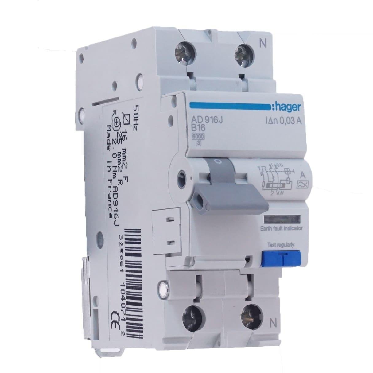 Дифавтомат Hager 16A 30mA 6kA 2 полюса тип B тип A AD916J (00852)
