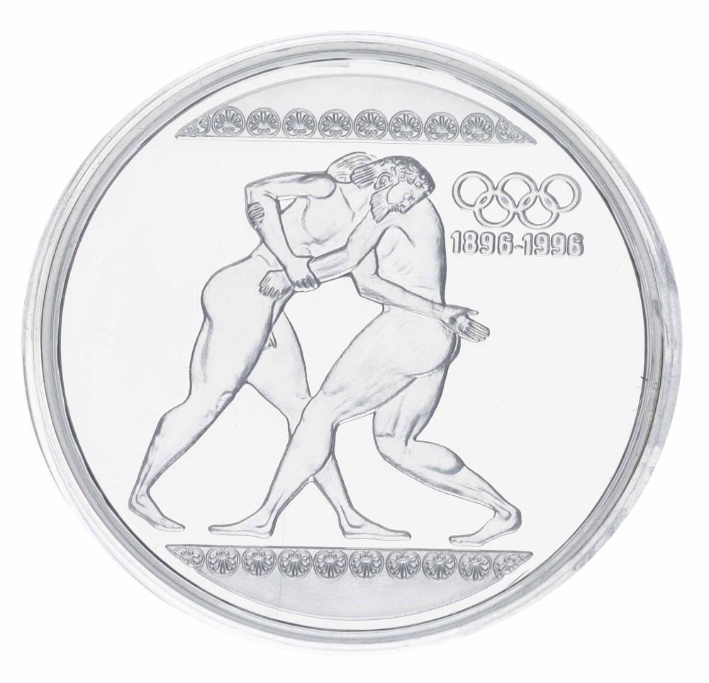 Коллекционная монета Греция 1000 драхм 1996 Серебро Proof 100 лет Олимпийским играм Борьба Ag 925° 33,63 г (34975641)