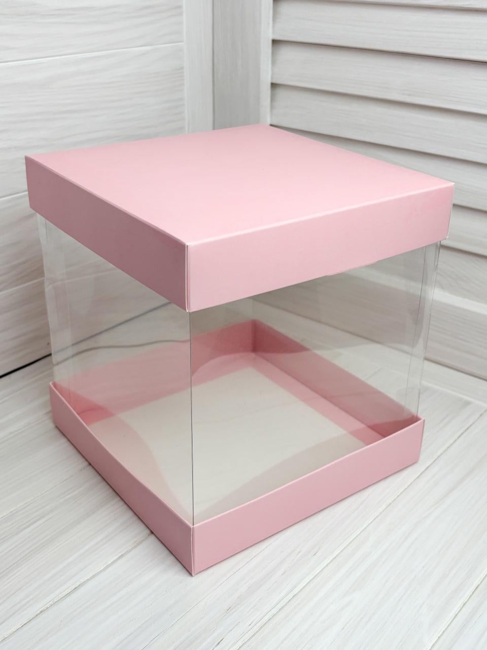Коробка для тортов с прозрачной серединой 25х25х25 см Розовый (13447)