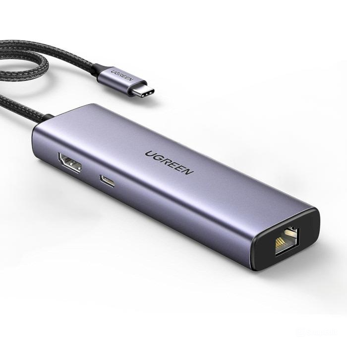 USB-Хаб UGREEN CM512 6 in 1/USB-C/HDMI/3xUSB 3.0/USB-C PD/Gigabit Ethernet/Grey (UGR-15598)