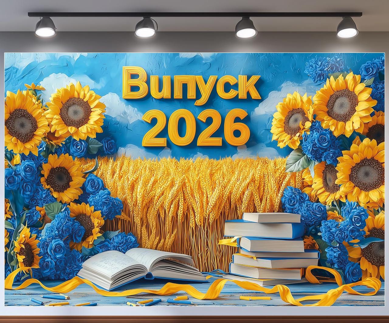 Баннер для фотозоны "Випускний 2026" пшеничное поле/книги и сине-желтые цветы 240x160 см №41326 Баннер для фотозоны "Випускний 2026" пшеничное поле/книги и сине-желтые цветы 240x160 см №41326