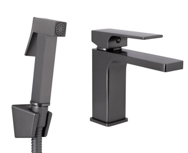 Смеситель для умывальника Qtap Gemini с гигиеническим душем PVD Gunmetal Black (QTGEM272GMB45692)