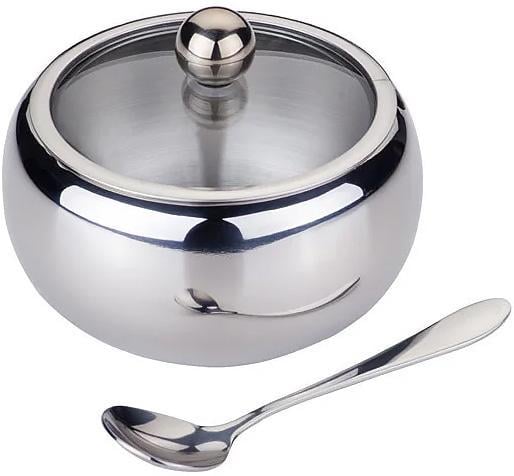 Сахарница Kamille нержавеющая сталь с ложкой и стеклянной крышкой 560 мл