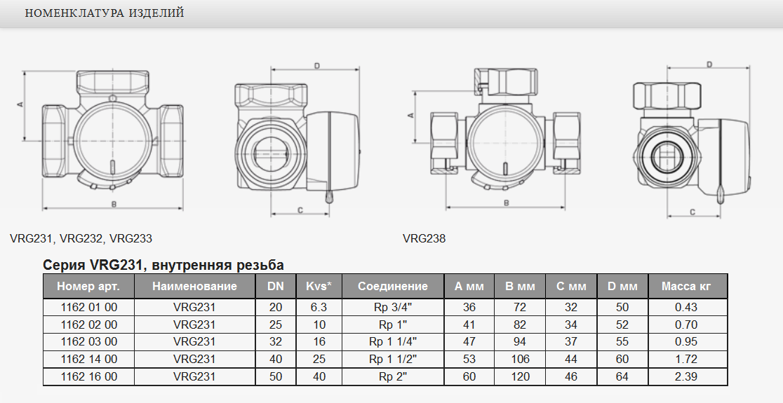 VRG231 Поворотный переключающийся 3-ходовой клапан DN32 Rp1 1/4" kvs16 ESBE (11620300) - фото 4