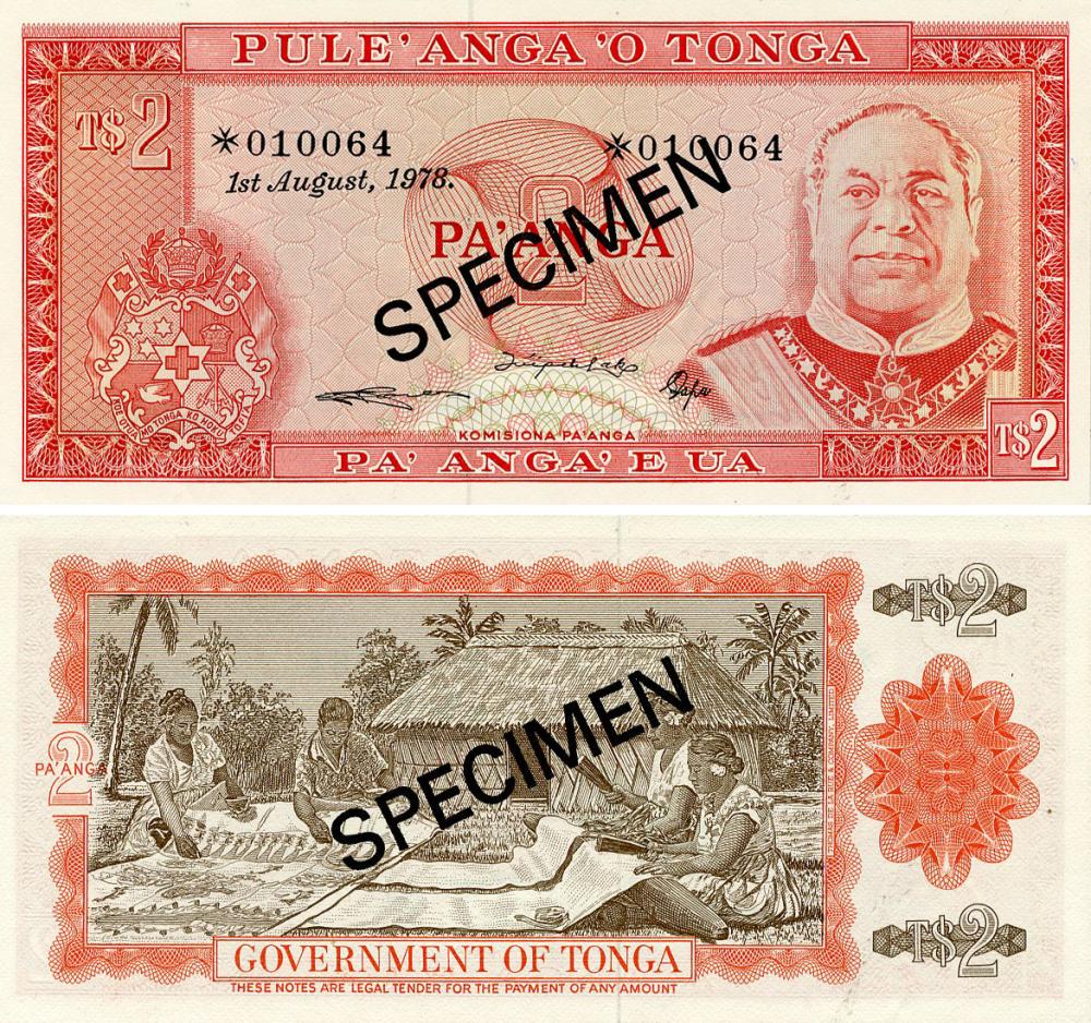 Коллекционная банкнота Тонга 2 паанга 1978 UNC Specimen (P20s)
