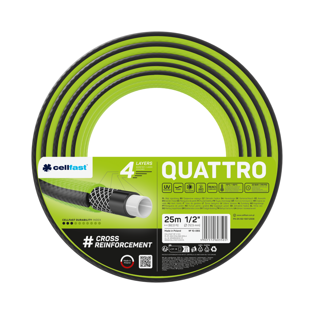Поливочный шланг Cellfast QUATTRO TSV 1/2" 25 м прочный/износостойкий/легкий и гибкий для ежедневного полива