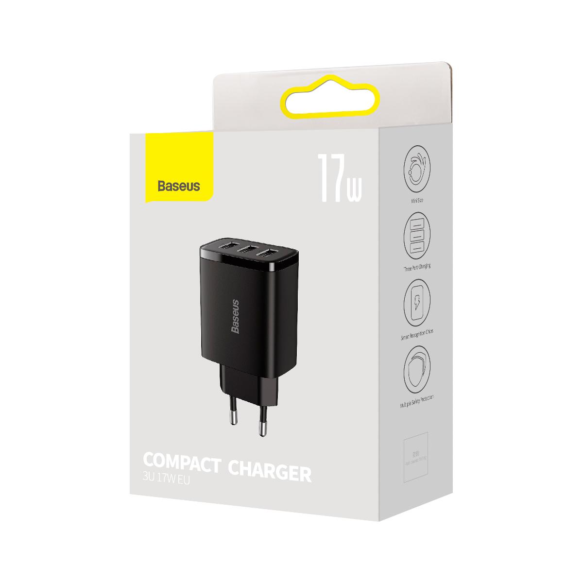 Зарядное устройство сетевое Baseus Compact Charger 3U 17 W 3USB Black (CCXJ020101) - фото 6 Зарядное устройство сетевое Baseus Compact Charger 3U 17 W 3USB Black (CCXJ020101) - фото 6