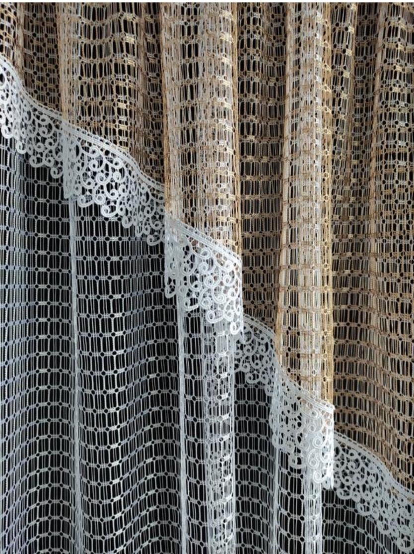 Тюль сетка на окно с ламбрекеном и кружевом 290х165 см Белый с бежевым (кк-03б) - фото 2