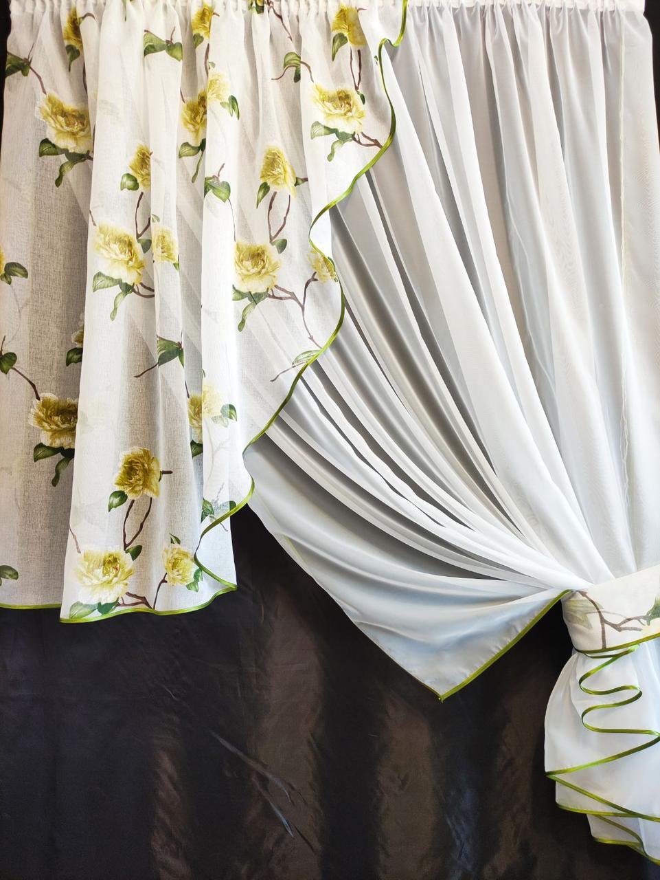 Занавеска кухонная Угол шифон с ламбрекеном батист 300х170 см Белый/Зеленый (ул-01) - фото 2 Занавеска кухонная Угол шифон с ламбрекеном батист 300х170 см Белый/Зеленый (ул-01) - фото 2