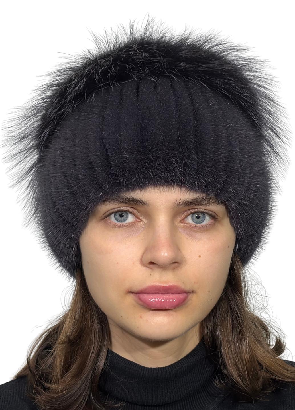 Зимняя шапка Меховой стиль Звездочка из вязаной норки натуральный мех M-L Темный ирис (100/E)