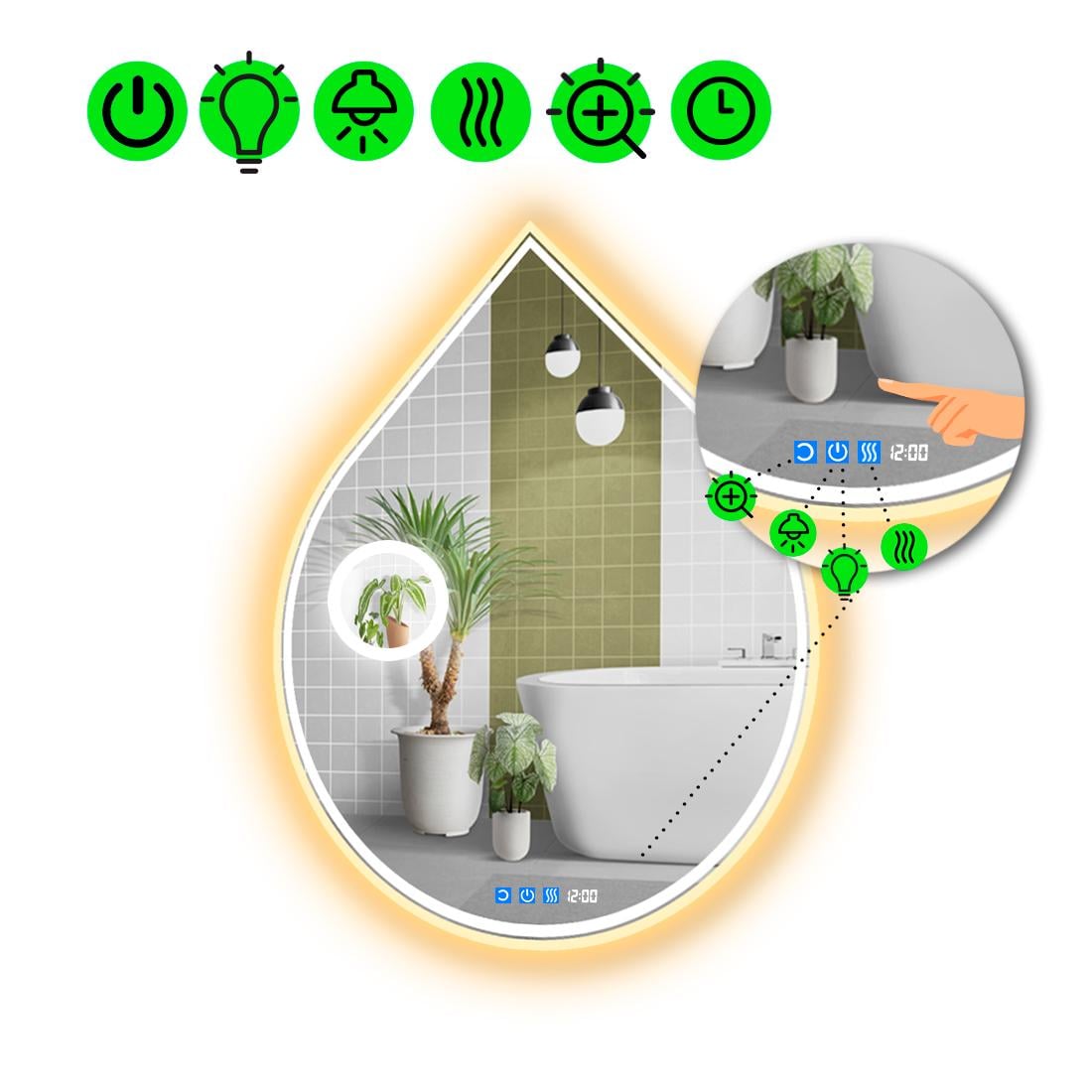 Зеркало с LED подсветкой Goccia 4 с тремя сенсорами/часами/подогревом и линзой с подсветкой 120x96 см (8777120)