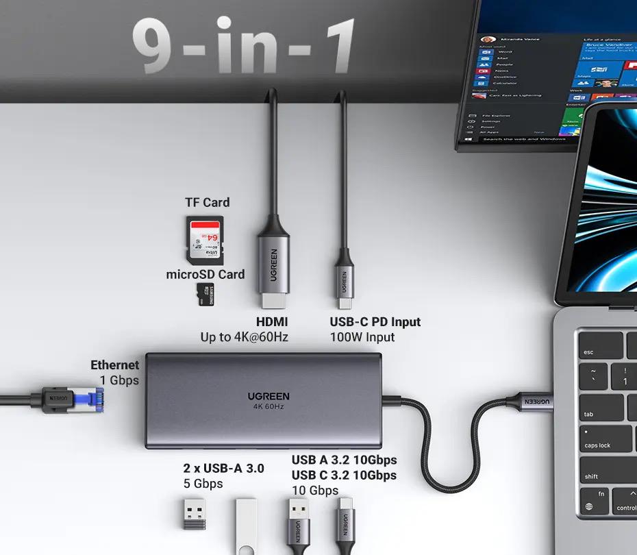 Концентратор UGREEN CM639 USB-C 9в1 USB 3.2/HDMI/PD100W/Ethernet/RJ45/SD/TF Сірий (15532) - фото 9