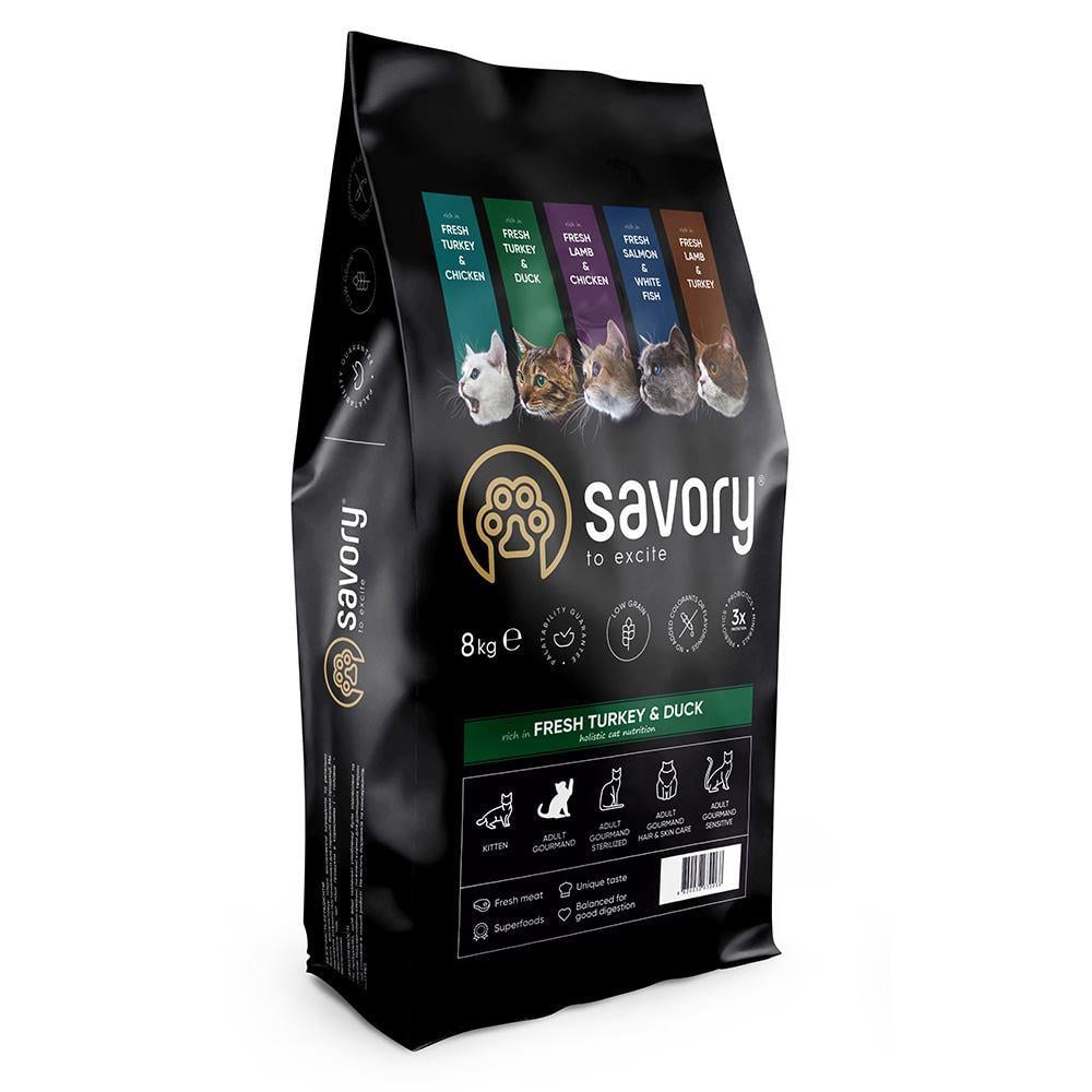 Корм сухой Savory для кошек гурманов со свежей индейкой и уткой 8 кг (30068)