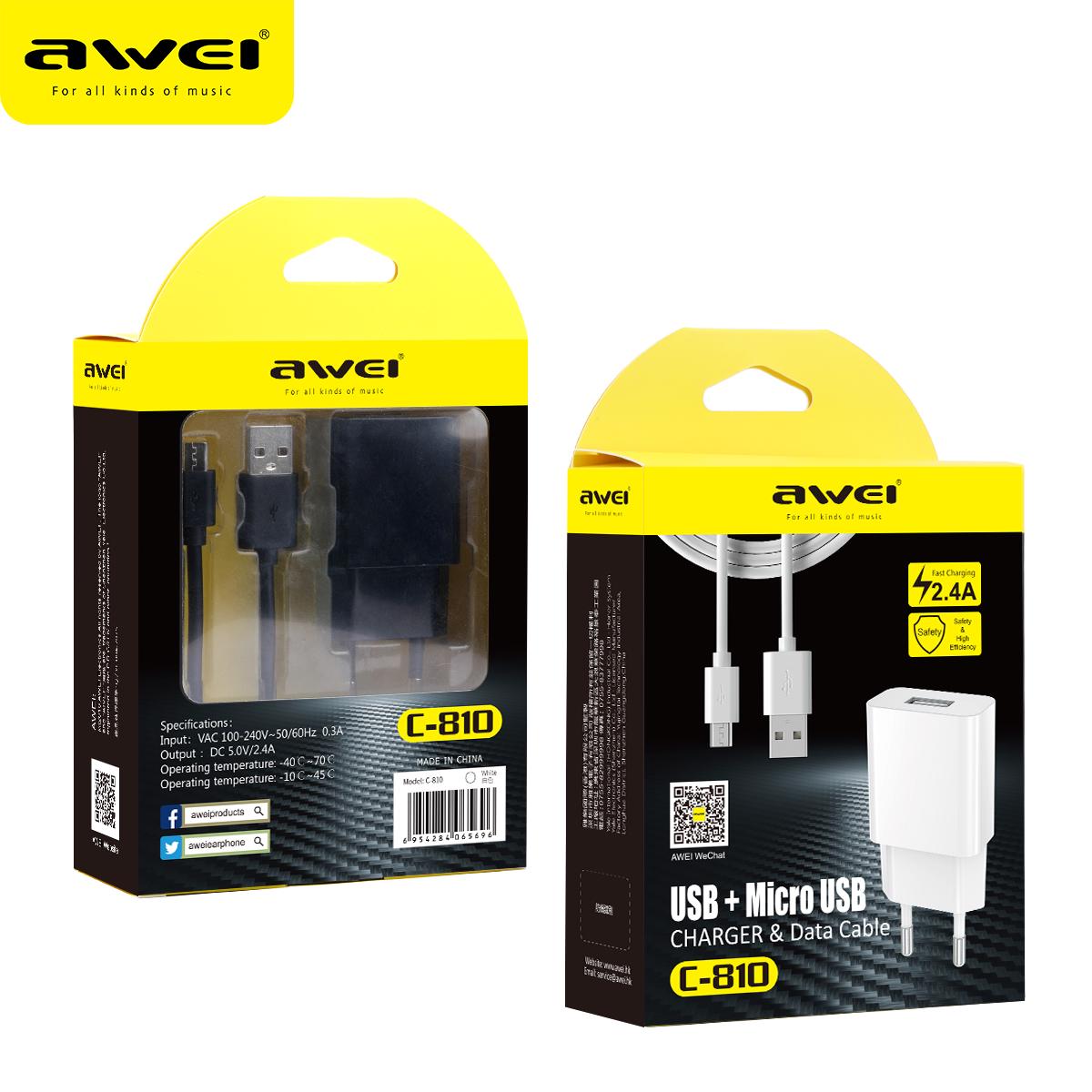 Сетевое зарядное устройство AWEI C-810 Travel charger 1USB 2.4A кабель Micro USB Black - фото 2