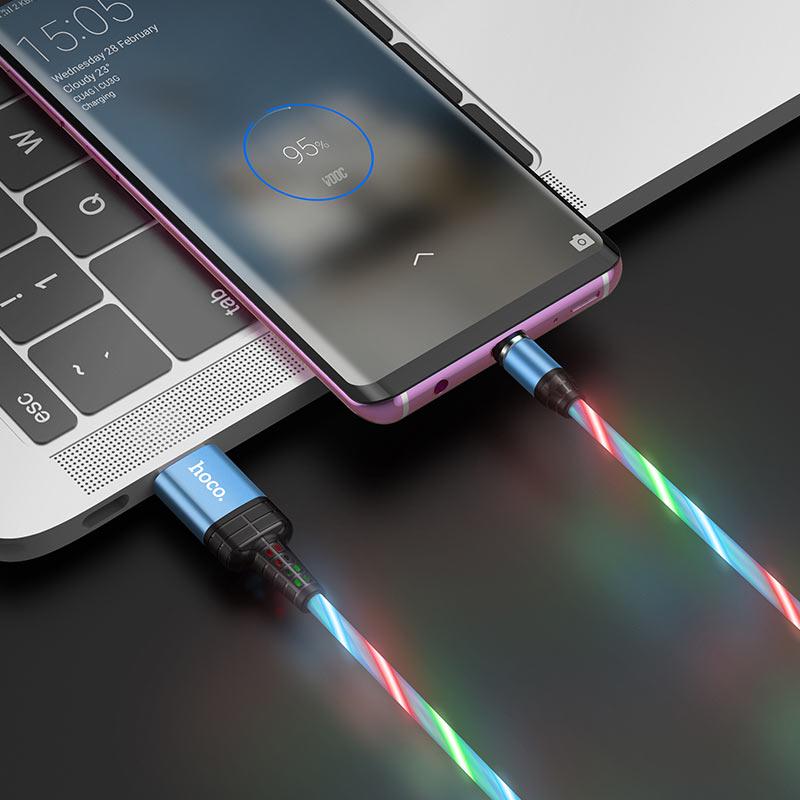 Кабель для заряджання Hoco U90 Ingenious Streamer microUSB магнітний конектор з підсвічуванням 1 м Блакитний - фото 3