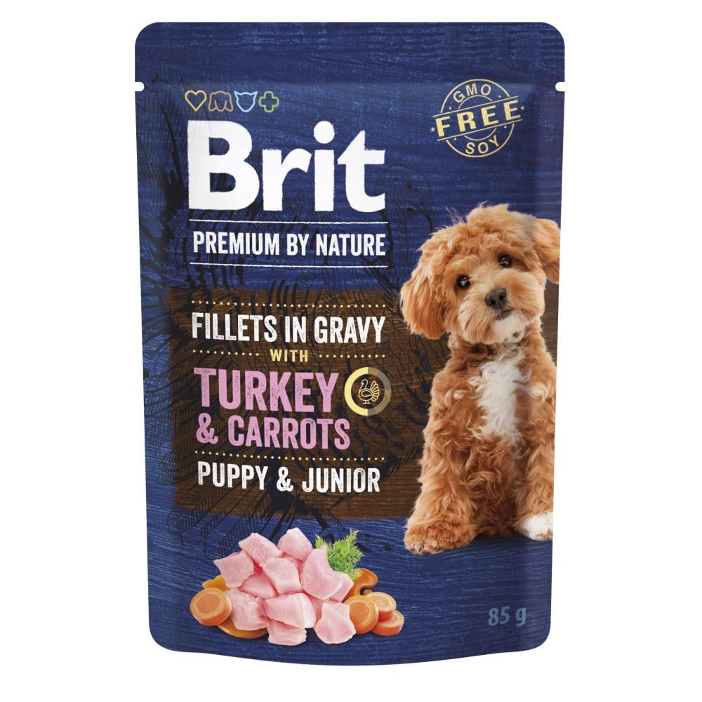 Корм влажный Brit Premium Fillets in Gravy Turkey & Carrots Puppy для щенков малых пород филе в соусе 85 г (8595602572458)