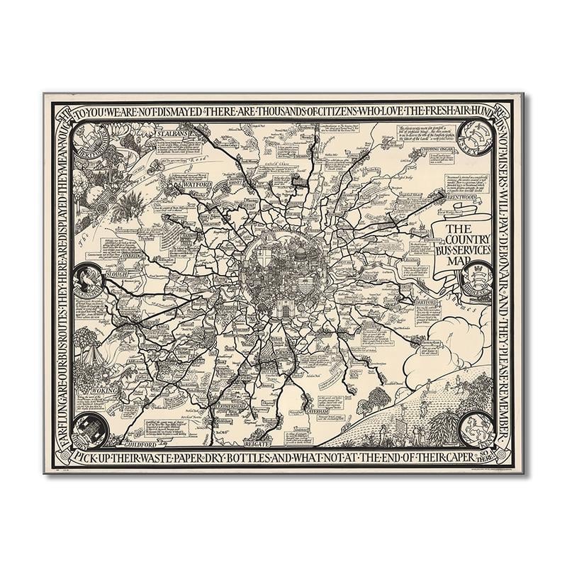 Винтажная карта Лондон. Карта автобусных маршрутов с  историческими зарисовками 1 модуль 80x120 см
