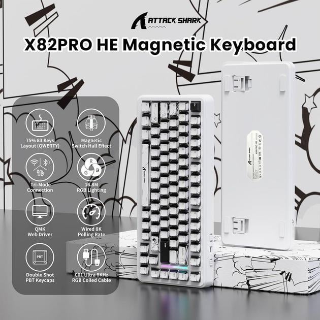 Клавіатура ігрова attack shark X82 PRO бездротова/магнітна/RGB-підсвічування Cosmic White (28780469) - фото 3 Клавіатура ігрова attack shark X82 PRO бездротова/магнітна/RGB-підсвічування Cosmic White (28780469) - фото 3