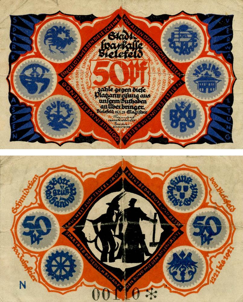 Коллекционная банкнота Германия Нотгельд 50 пфеннигов 1921 F-VF Билефельд Разновидность 3 (Б18797)