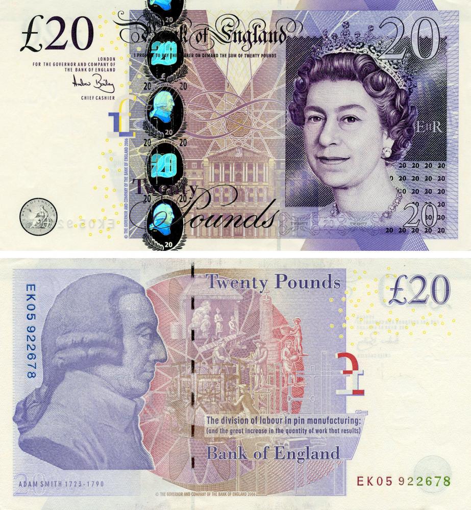 Коллекционная банкнота Великобритания Англия 20 фунтов 2006 UNC экономист Адам Смит P392 (Б16510)