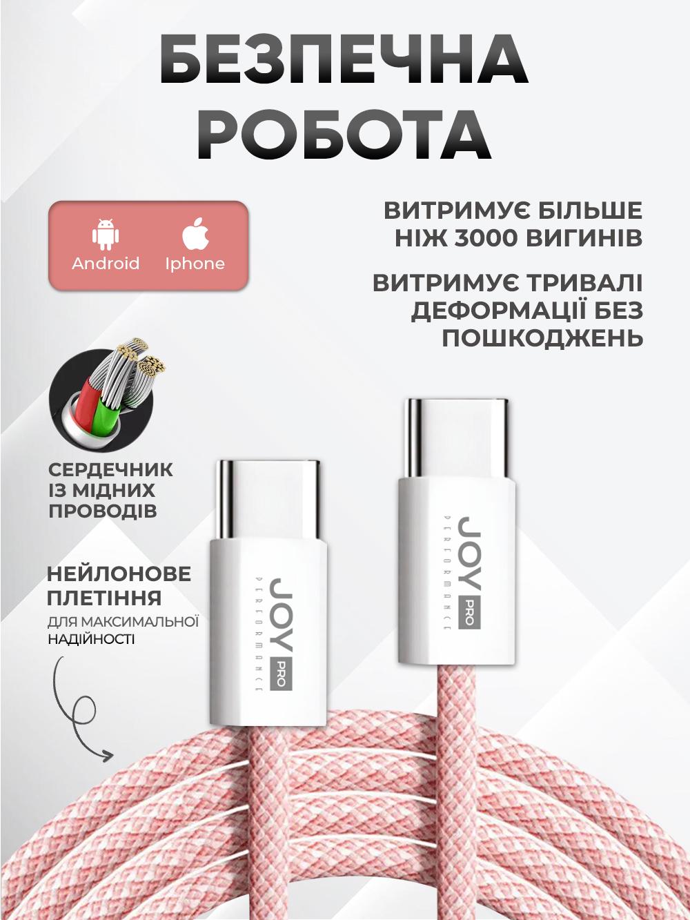 Кабель швидкої зарядки Type-C JoyPro 20 W 5 А для смартфонів Apple iPhone Android /тканинне обплетення/тримач кабелю 1 м Рожевий (ba1e3e1a) - фото 3