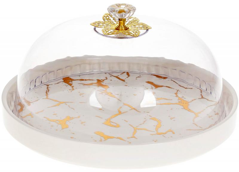 Блюдо-тортовница фарфоровое Мраморная Роскошь Ø 25 см с колпаком Белый мрамор (BD-954-503)