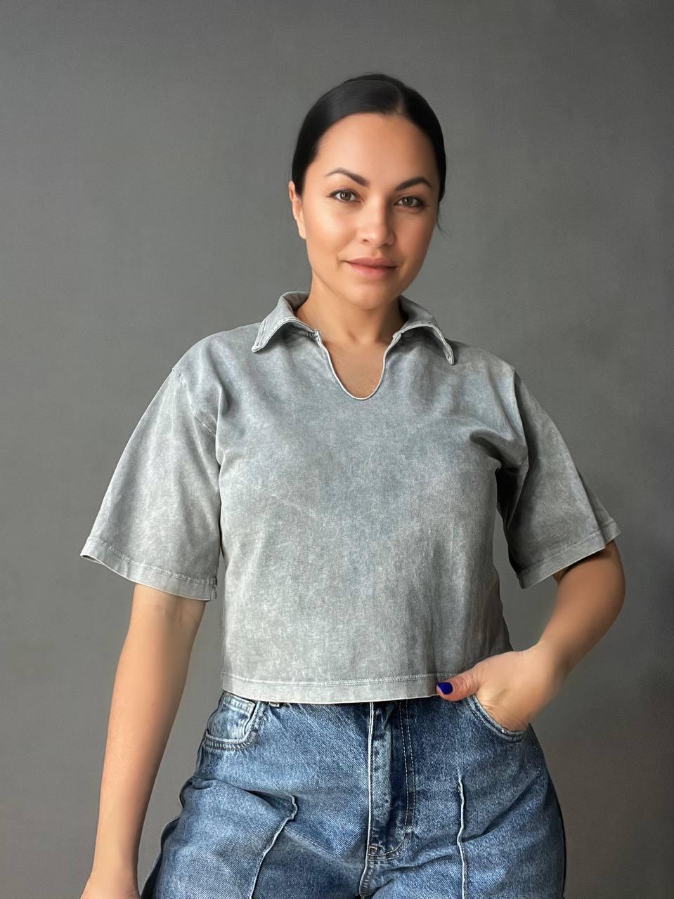Футболка женская COAST MODA 4412 вареная укороченная с воротником M Серый (2055)