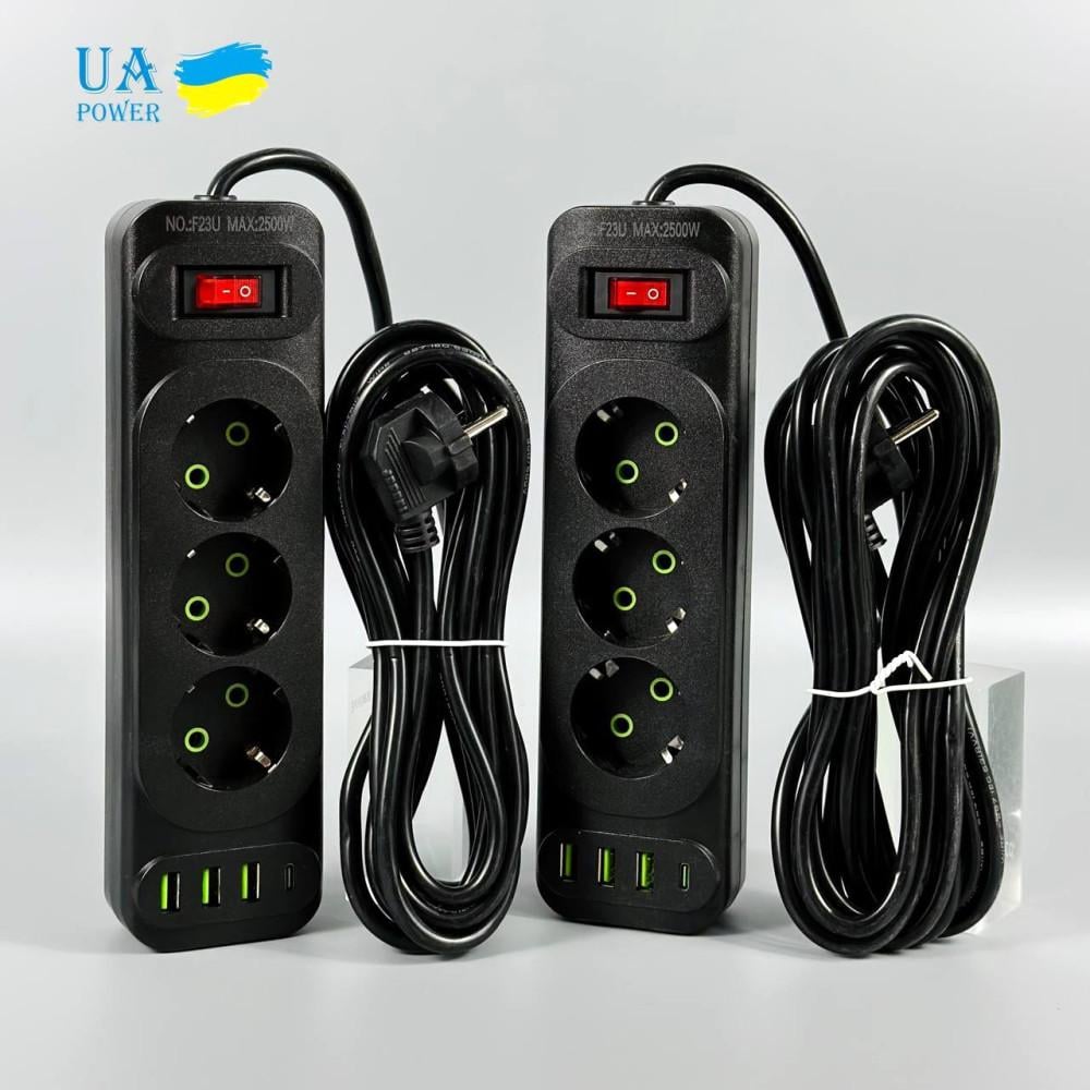 Удлинитель сетевой переноска 2м на 3 розетки з 3USB/Type-C UA Power F43U Черный (F23U 3r-3usb+Type-C-2m) - фото 4 Удлинитель сетевой переноска 2м на 3 розетки з 3USB/Type-C UA Power F43U Черный (F23U 3r-3usb+Type-C-2m) - фото 4