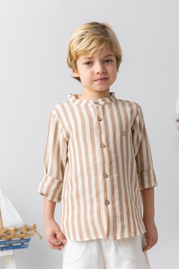 Рубашка муслиновая для мальчика Mininio с воротником-стойкой 9-12 месяцев 80 см Бежевый (8683169158175)