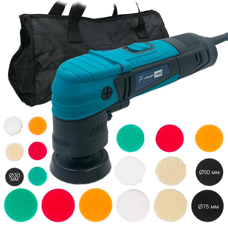 Полировальная машина PROFI-TEC PPM-607SR SET 600 Вт/диски 30/50/75 мм/1000–3500 об/мин/15 кругов/сумка (LO-06591)