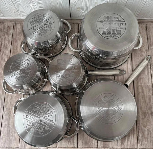 Набір каструль та сковорода з нержавіючої сталі з товстим дном Rainberg RB-601 12 предметів - фото 3