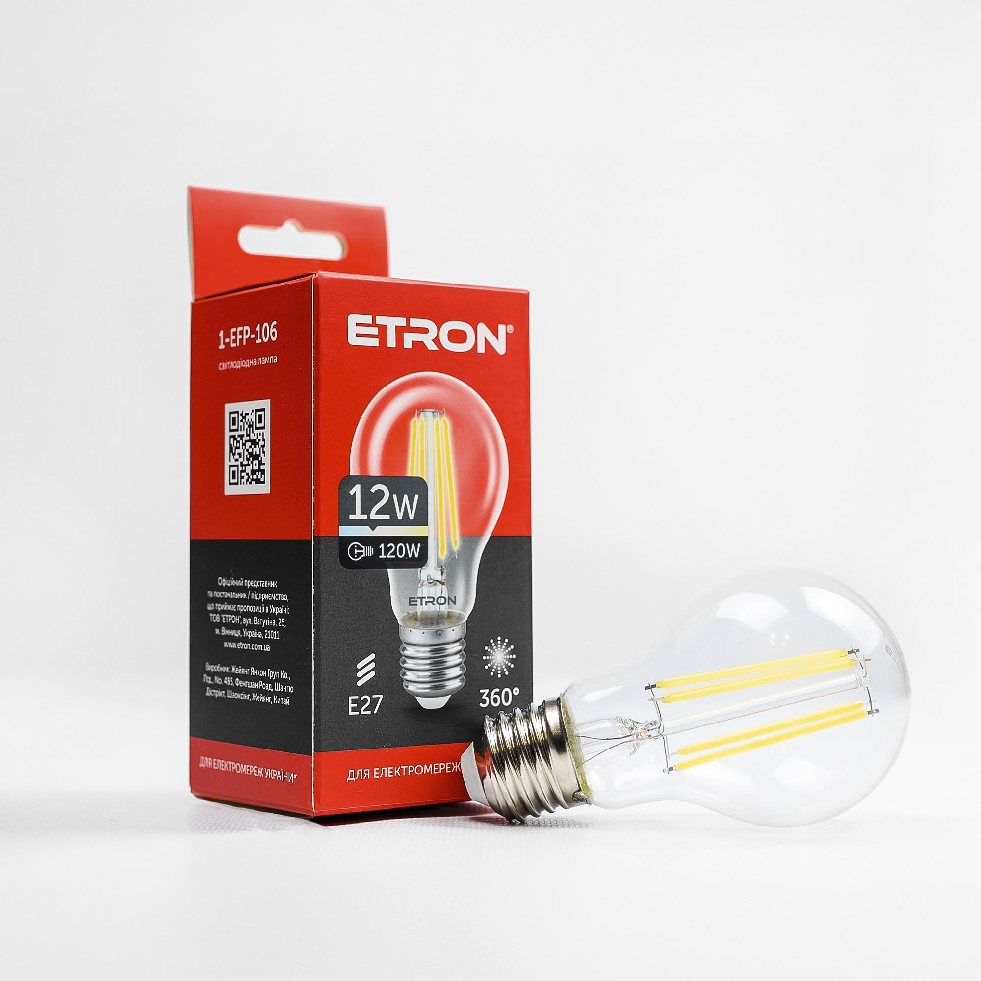 Лампа LED ETRON Filament A60 12W 4200K E27 прозрачное стекло (1-EFP-106)