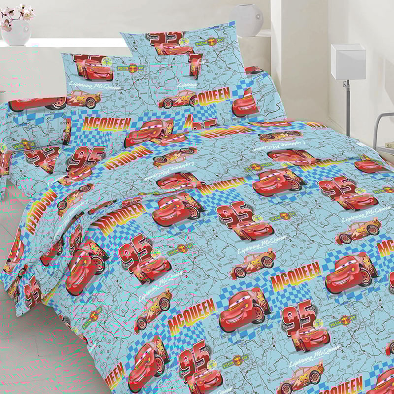 Комплект постельного белья полуторный Тачка Маквин Голубой