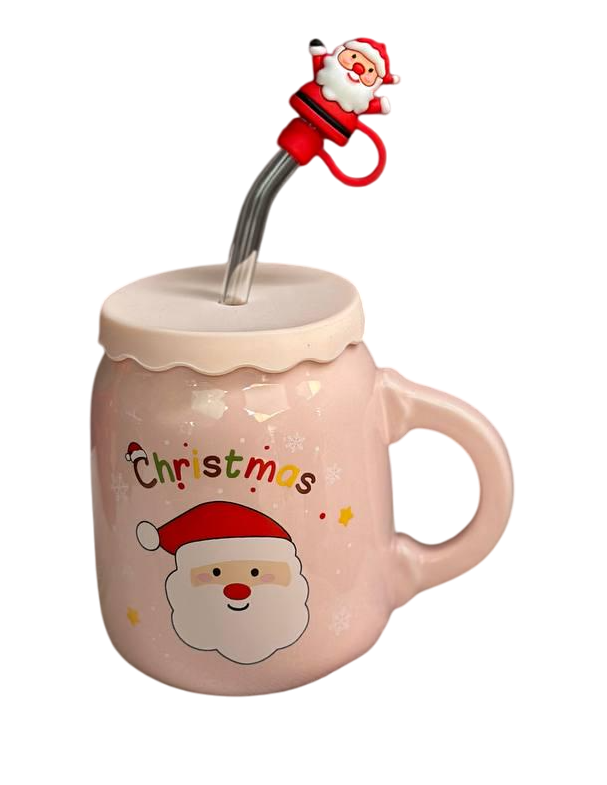 Чашка керамічна Olens 102-1082-3 Санта з кришкою і трубочкою 460 мл Розовий (2786114588)