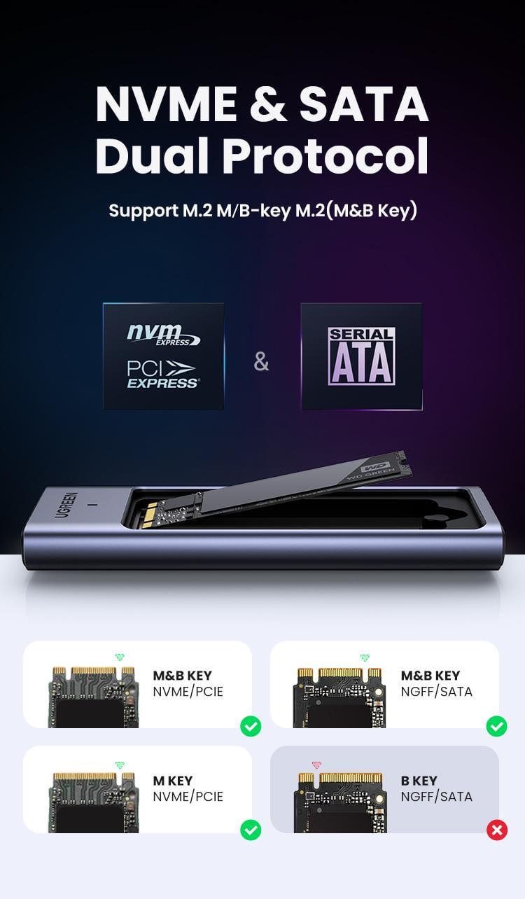 Корпус UGREEN для M.2 NVME та SATA SSD дисків 20 Гбіт/с з Кабелем M та B&M 2280/2230/ 2242/2260 для PCI-e та NGFF Сріблястий (35576) - фото 6 Корпус UGREEN для M.2 NVME та SATA SSD дисків 20 Гбіт/с з Кабелем M та B&M 2280/2230/ 2242/2260 для PCI-e та NGFF Сріблястий (35576) - фото 6