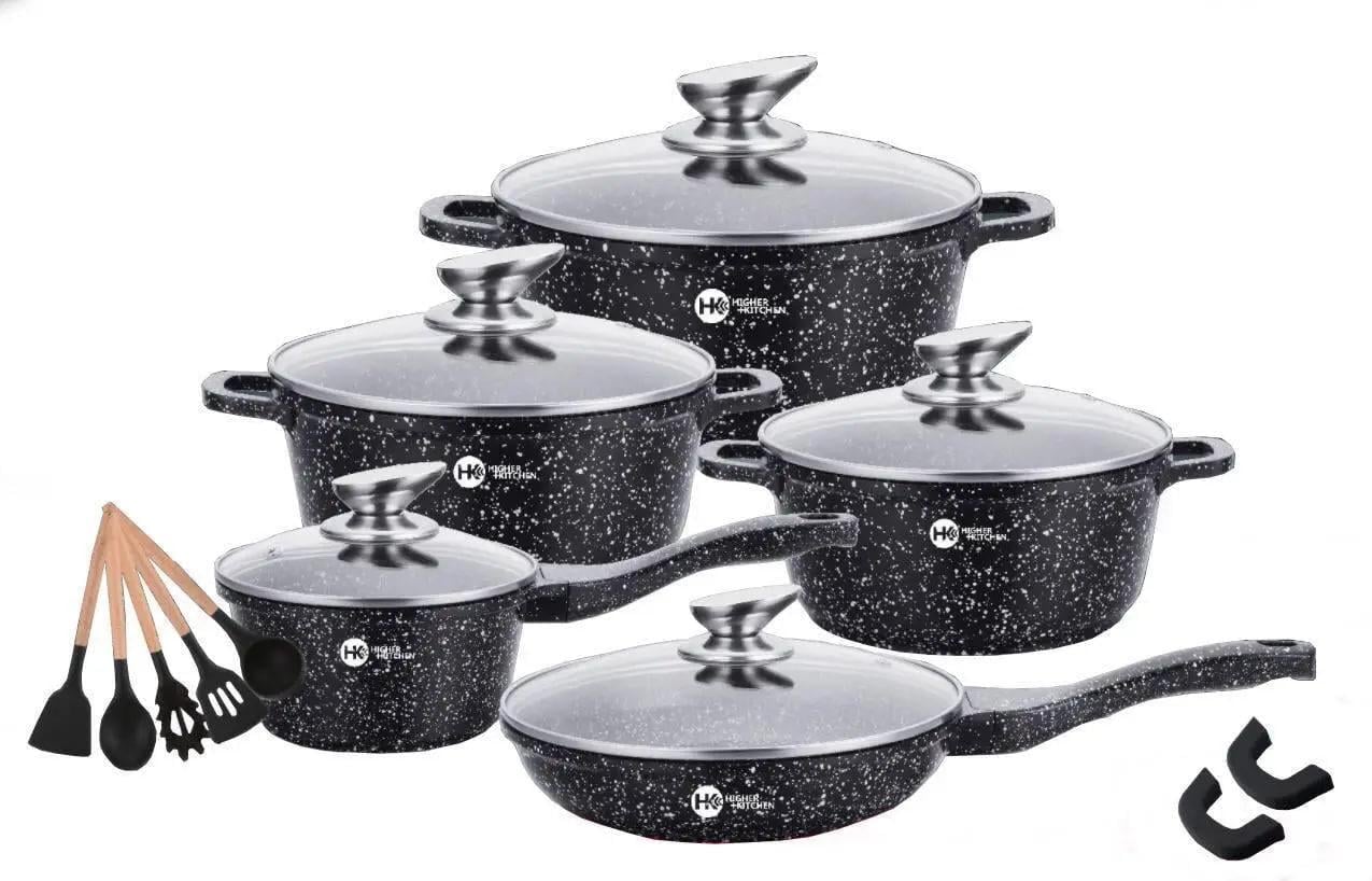 Набір посуду Higher Kitchen HK-305 каструлі/ківш/сковорода з кришками з гранітним покриттям 17 пр.