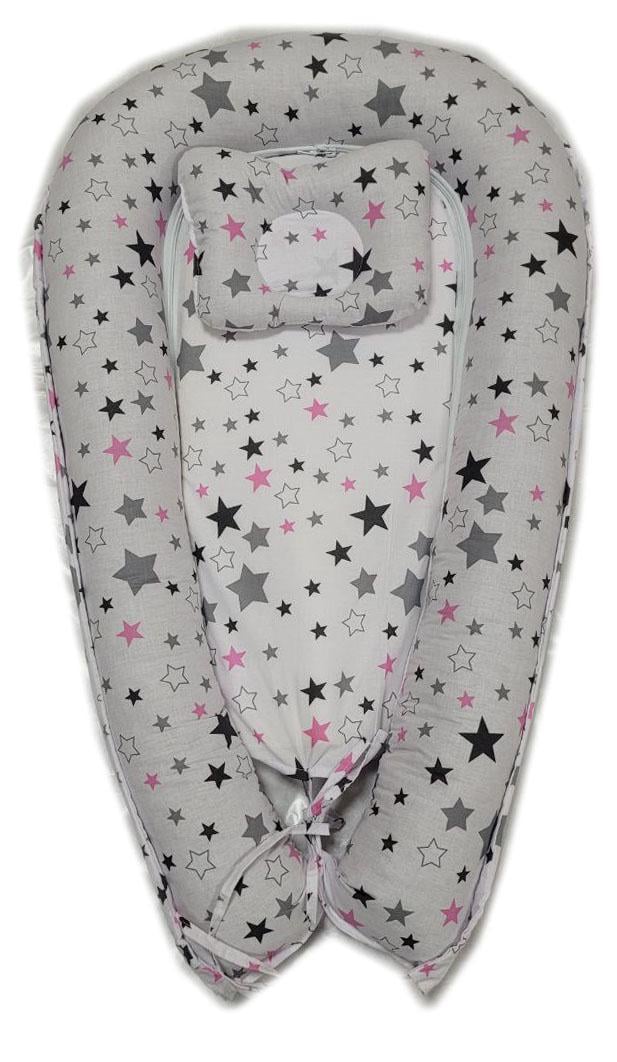 Кокон гнездышко з ортопедичною подушкою-бабочка Белый с розовыми звездами Кокон гнездышко з ортопедичною подушкою-бабочка Белый с розовыми звездами