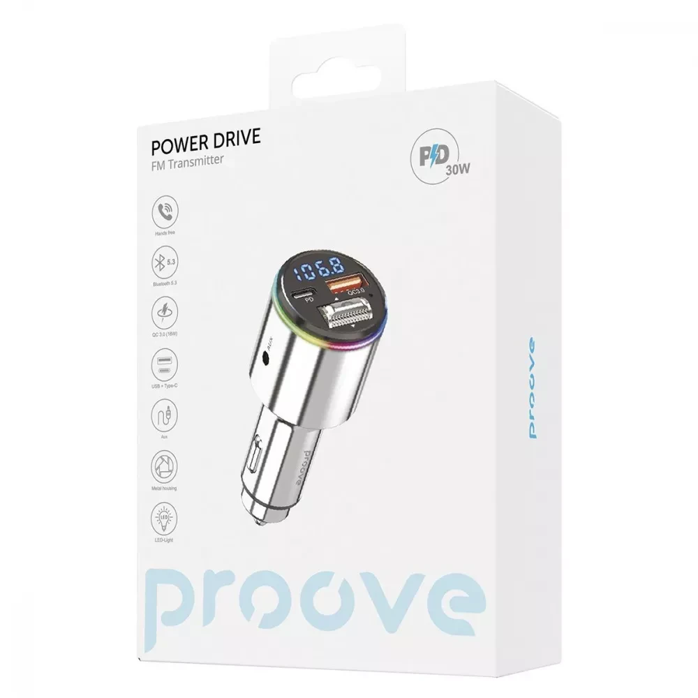 Зарядний пристрій Proove FM Launcher Power Drive 30W PD+QC3.0 Type-C/USB+AUX